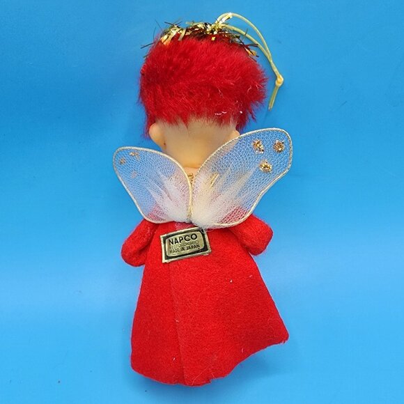 Vintage 1950s Napco Red Hair Pixie Angel Ornament • Felt Elf Japan • Gold Tinsel - Picture 5 of 9